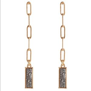 HEMATITE DRUZY & GOLD METAL CHAIN LINK 2.5” DANGLE POST EARRINGS